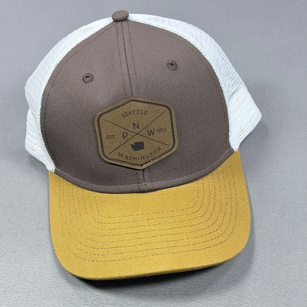 Ouray Mens OSFA Brown Yellow Cotton Blend Snapback Seattle PNW Trucker Mesh Hat